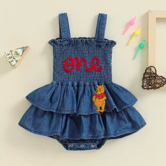 Denim Girl Dress First Birthday clothes Winnie the Pooh dress Disney outfit